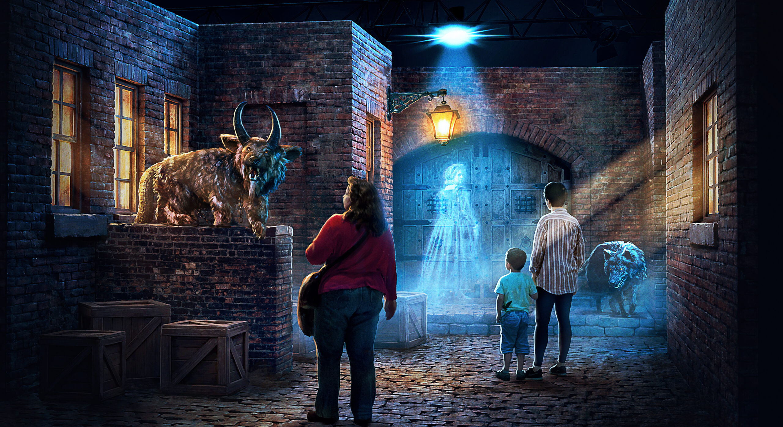 Begehbares Diorama einer Gasse mit Fabelwesen und Besuchern im SagenReich. Digitale Visualisierung auf Basis bestehenden Bildmaterials (keine KI-Verwendung, Grafik: Elif Siebenpfeiffer / Forgotten Creatures)